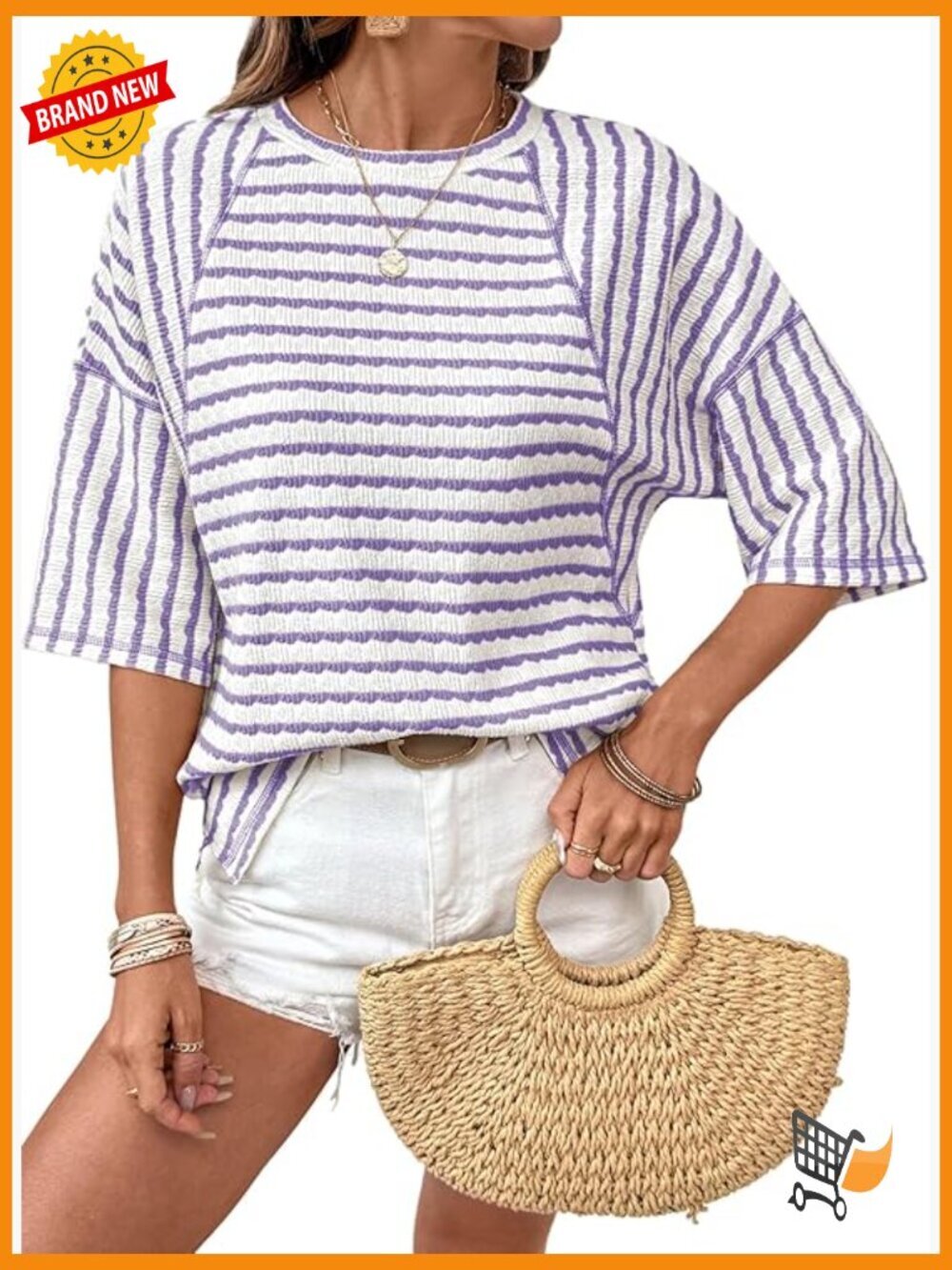 Oversized Striped Short Sleeve Tee, Loose Fit, Lightweight Stretch Fabric
